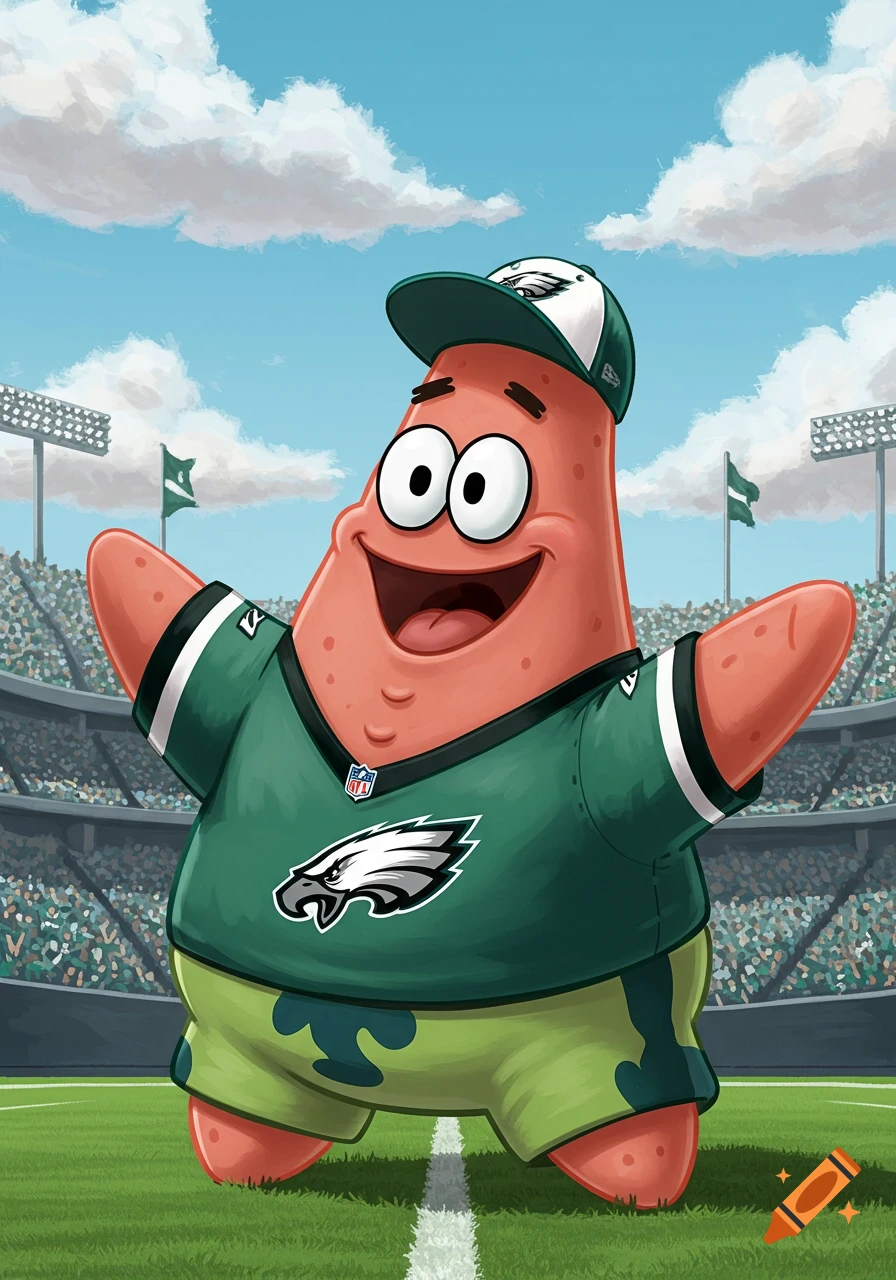 Cartoon Patrick Star in a Philadelphia Eagles uniform, cheering in a football stadium illustration.