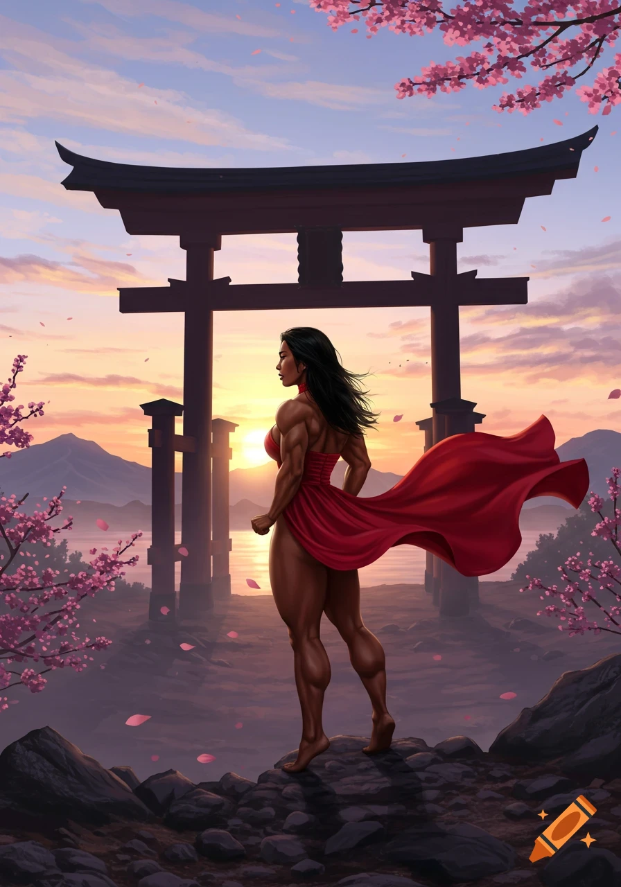 A muscular woman in a flowing red dress stands on rocks, admiring a sunrise over a lake with mountains and a Shinto gate, framed by cherry blossoms. Digital art.