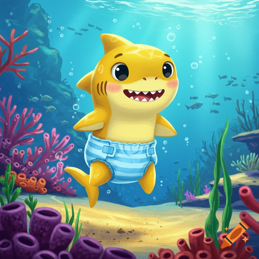 A cute yellow cartoon baby shark wearing blue and white striped diapers swims underwater in a vibrant coral reef.