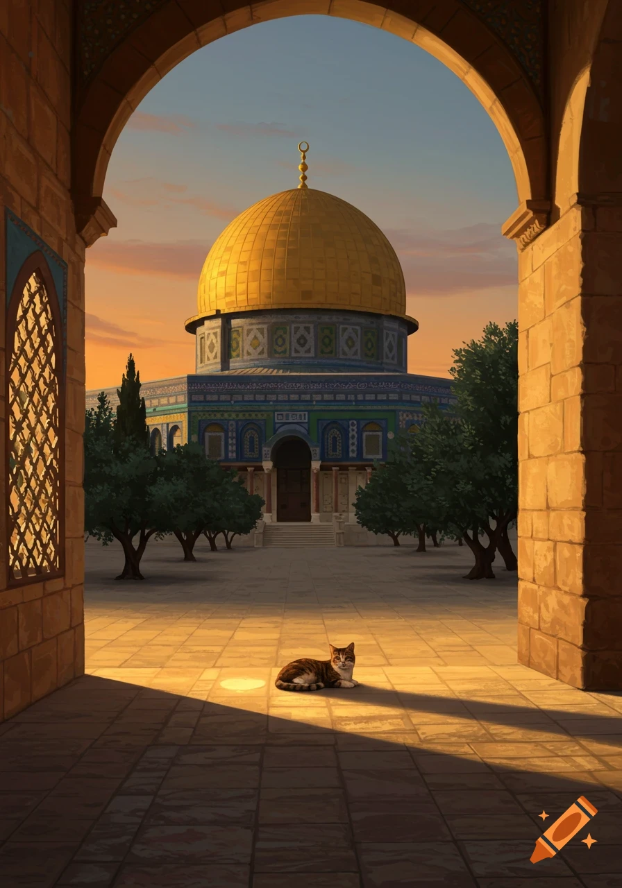 A cat rests in the sunlit courtyard of the Dome of the Rock mosque, viewed through an archway, in a painterly style.
