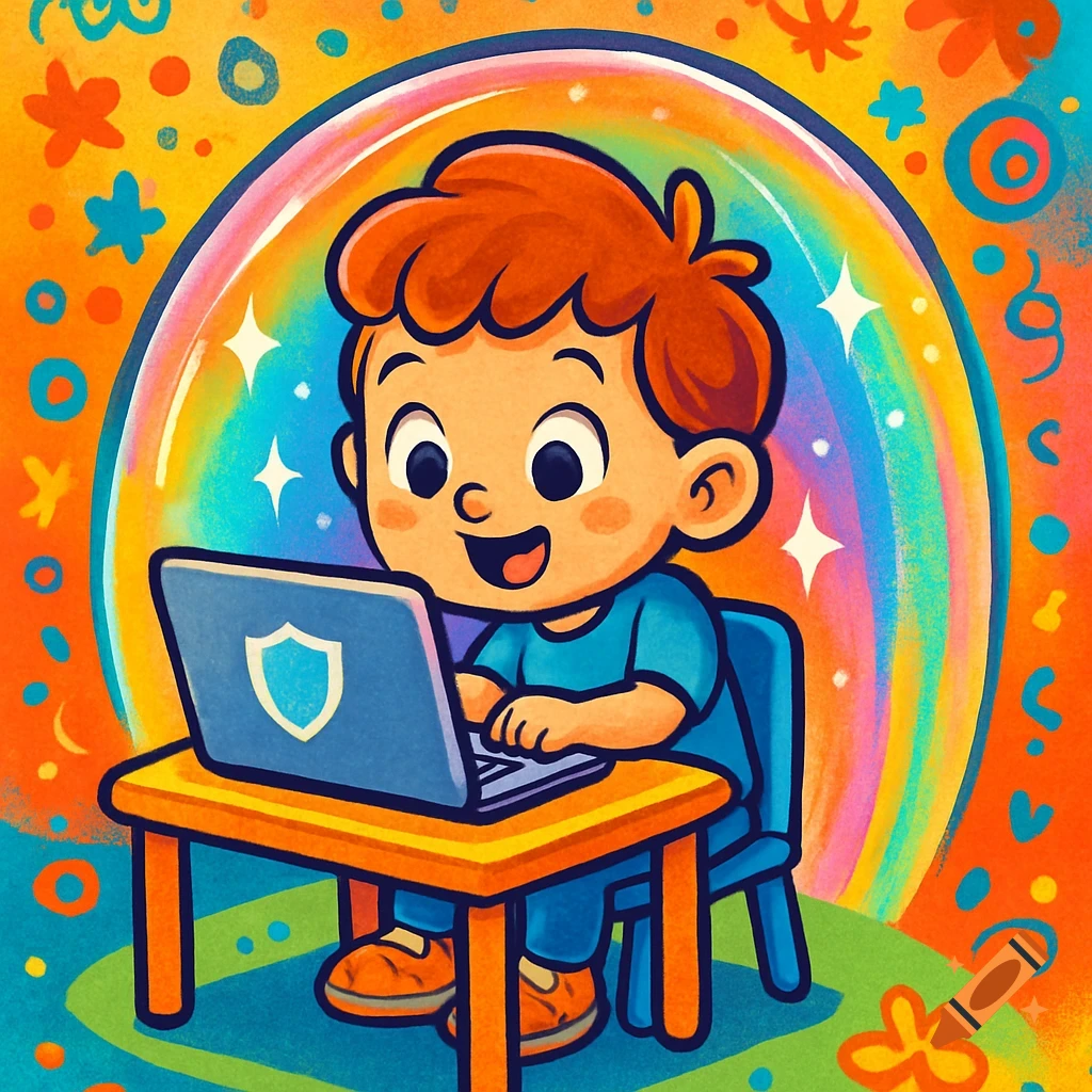 A cute cartoon child with red hair smiles while using a laptop at a small table, set against a vibrant, colorful background with a rainbow arc.