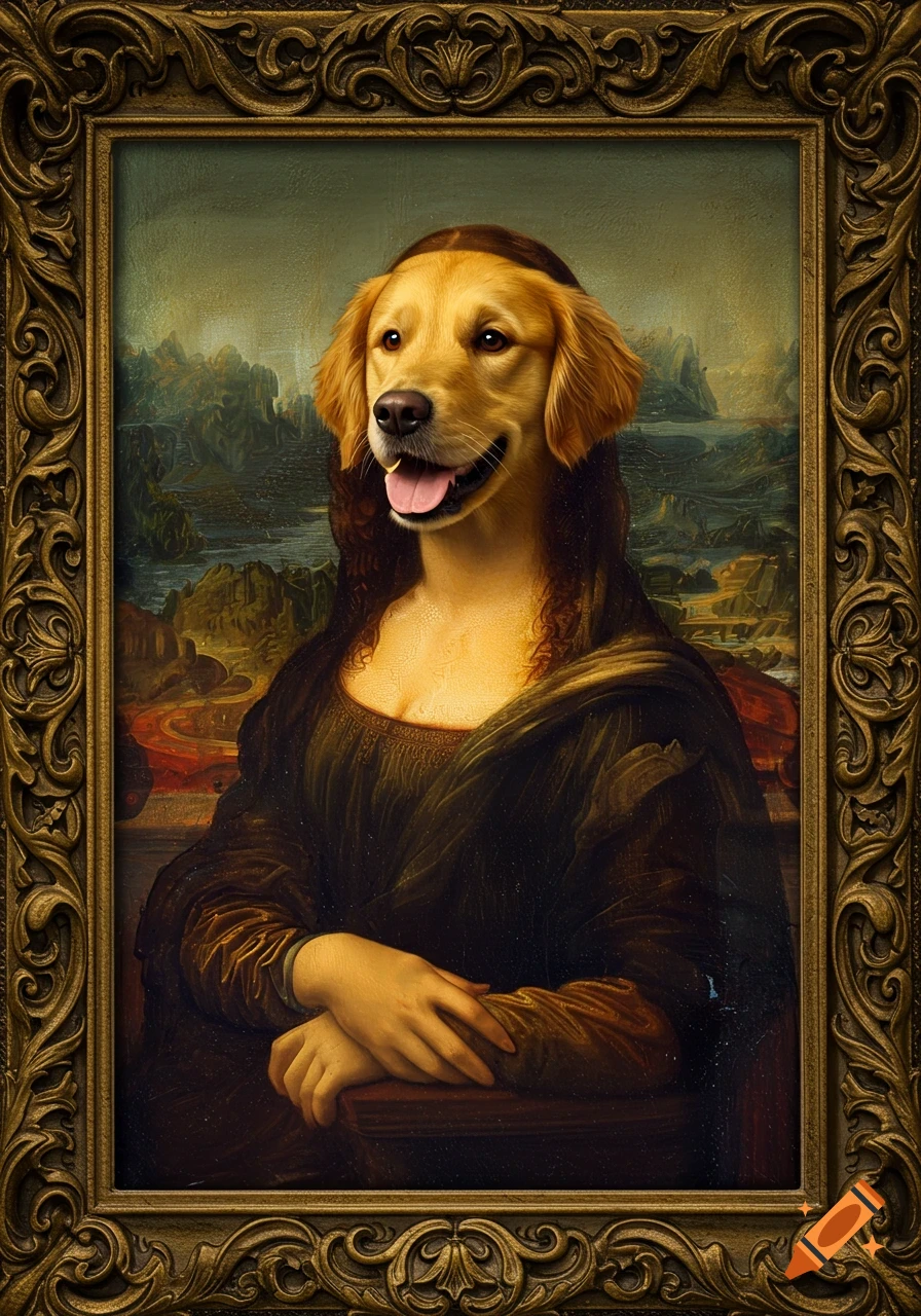 A Golden Retriever's head replaces the Mona Lisa's face in a classic oil painting, set in an ornate golden frame.