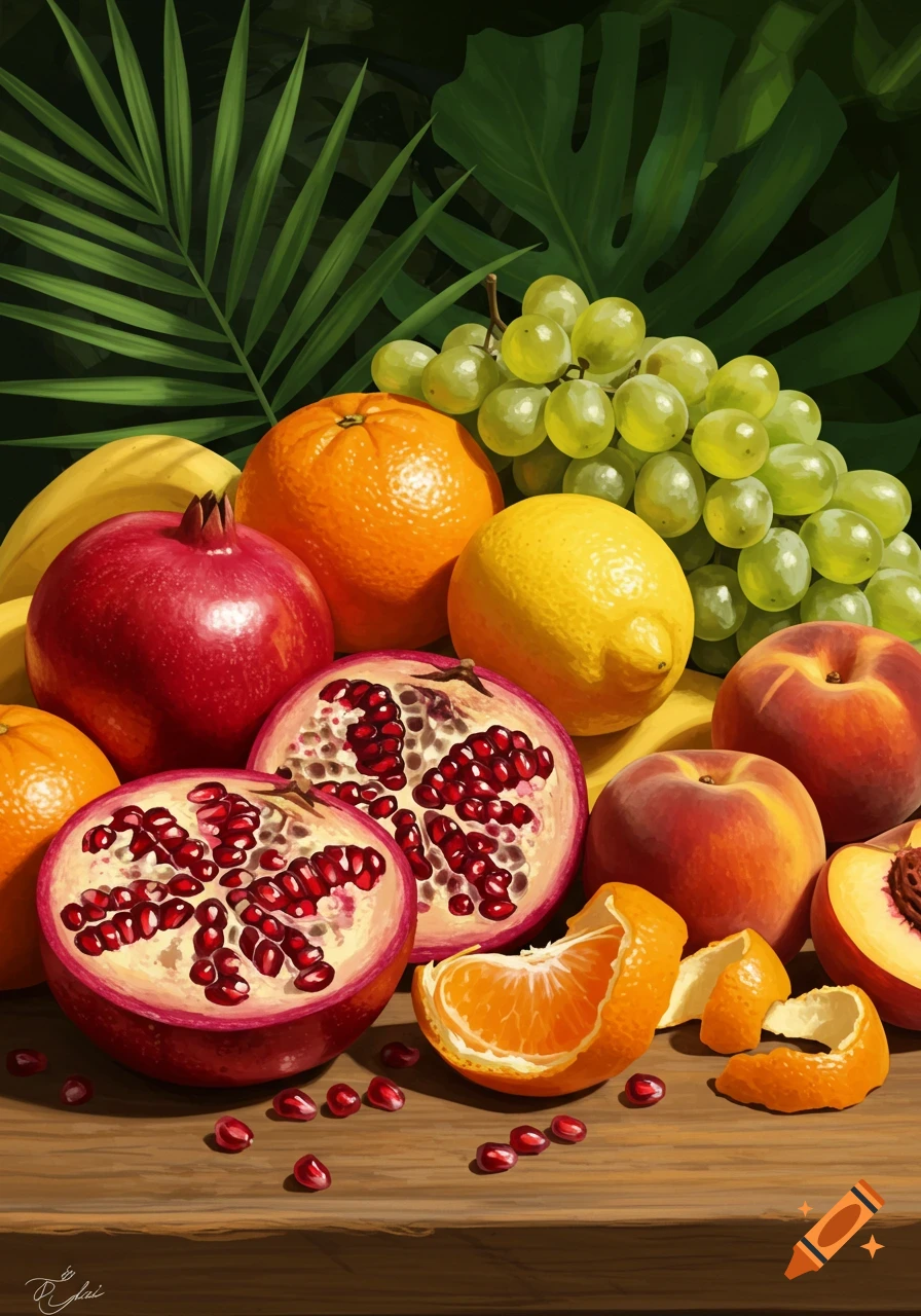 Vibrant still life painting of pomegranates, oranges, lemons, grapes, bananas, and peaches on a wooden table with green leaves.