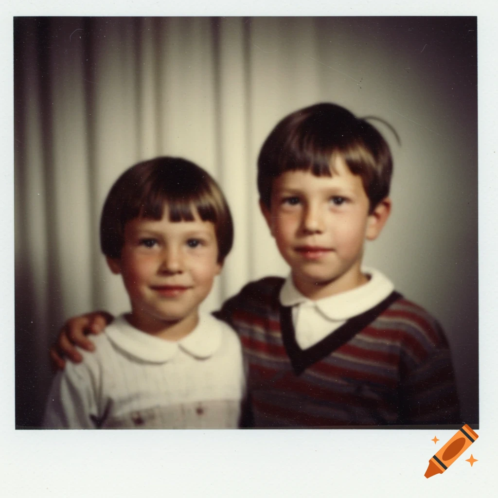 Vintage portrait of two young boys, likely brothers, in a school photo style, with a slightly blurred white curtain background.