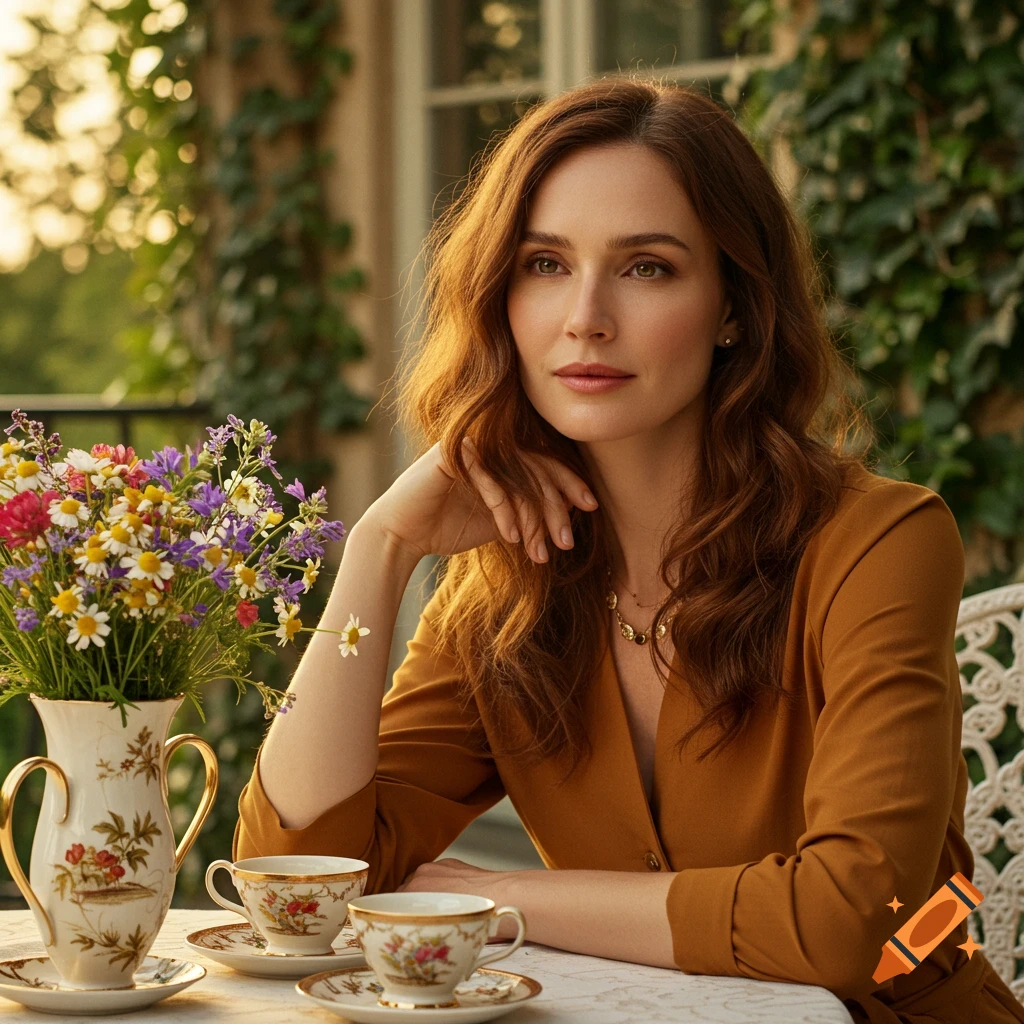 Photorealistic portrait of a woman with wavy brown hair in a brown dress, sitting at an outdoor table with wildflowers and teacups.