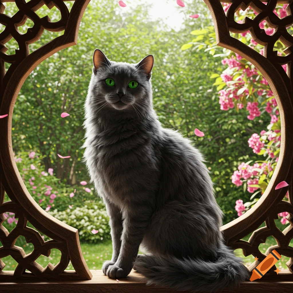 A gray cat with vivid green eyes sits on an ornate window frame, overlooking a lush garden with pink blossoms.