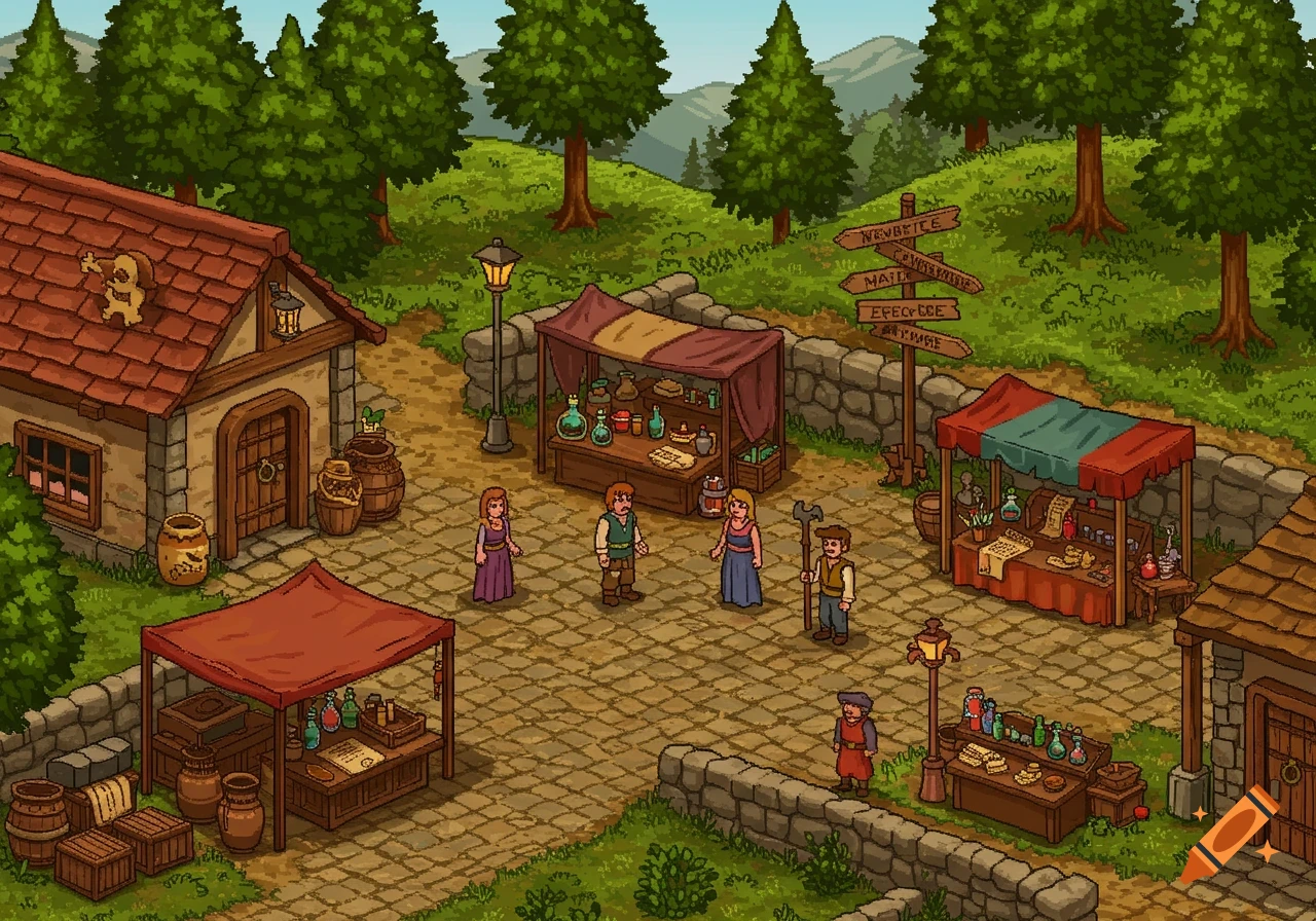 Pixel art isometric view of a bustling medieval market village with vendors, characters, and a signpost.