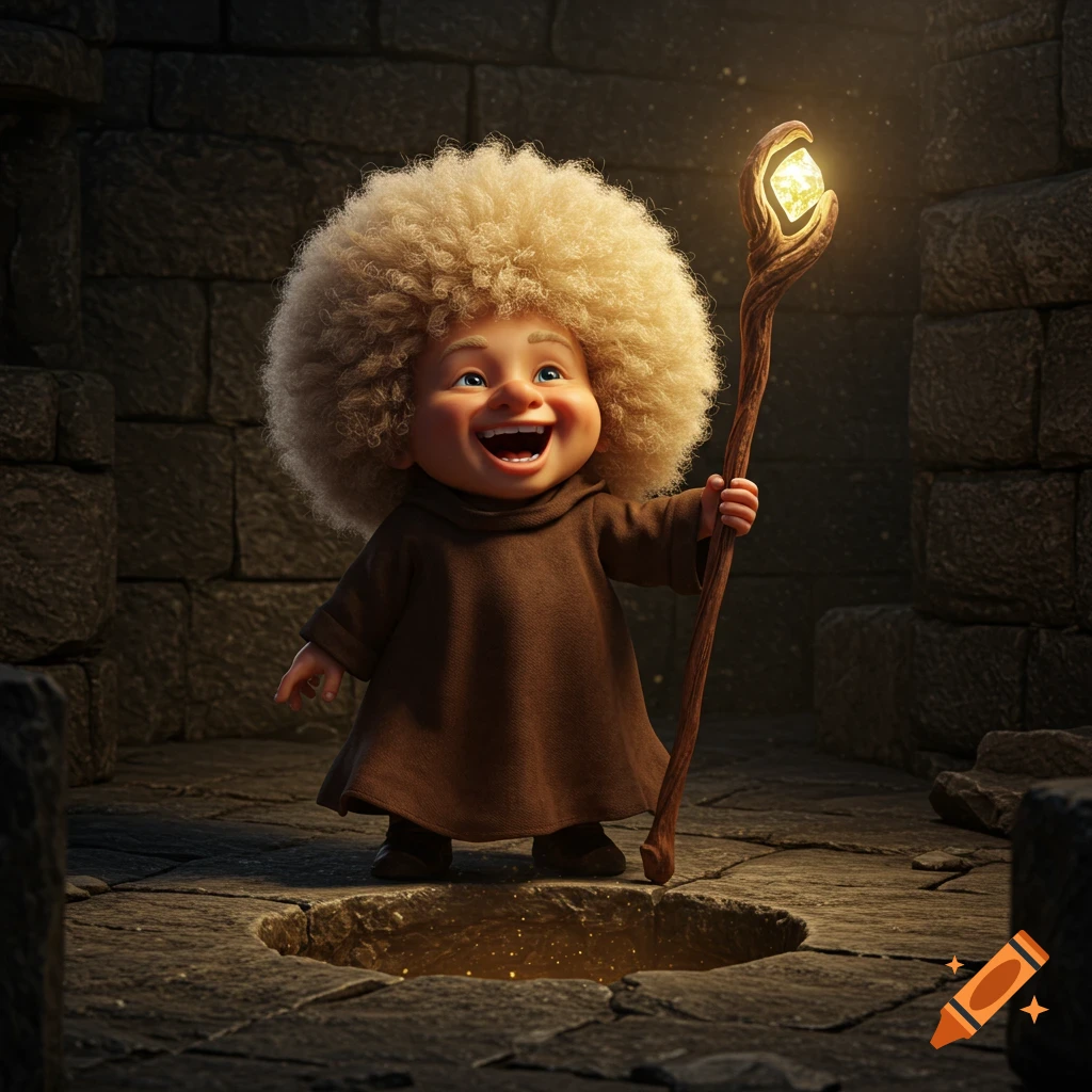 A cute, hyper realistic gnome with a blonde afro and brown robe laughs, looking into a glowing dungeon hole, holding a magic staff.