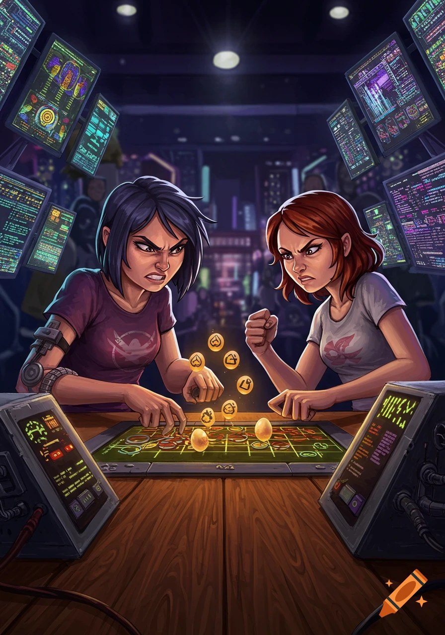 Two determined women intensely playing a strategic board game, surrounded by futuristic monitors displaying code, in an illustrated style.