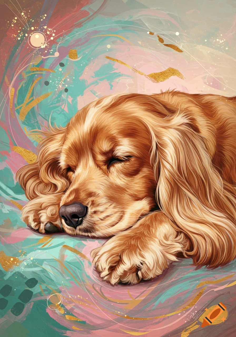 A close-up illustration of a sleeping light brown cocker spaniel against a vibrant, abstract, multicolor background with golden splashes.