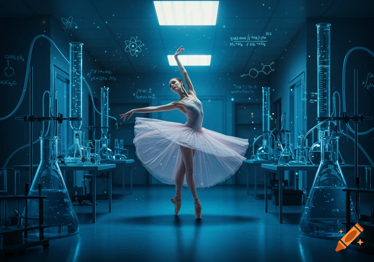 A ballet dancer in a pink tutu strikes a pose in the center of a futuristic, blue-lit science lab filled with glowing beakers, flasks, and floating scientific diagrams.