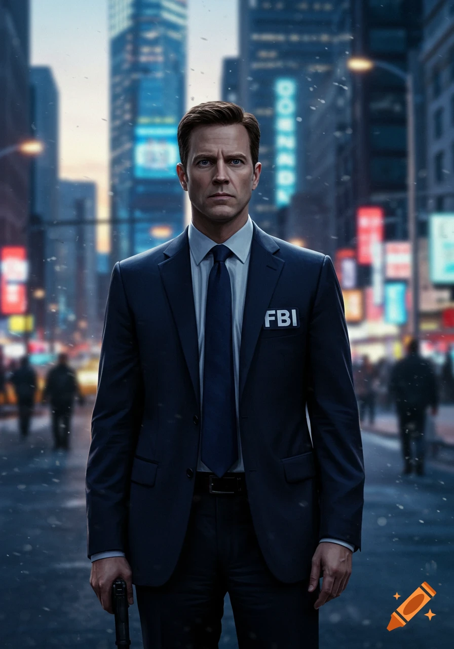 Photorealistic image of a serious FBI agent in a dark suit with a gun, standing on a snowy city street at dusk.