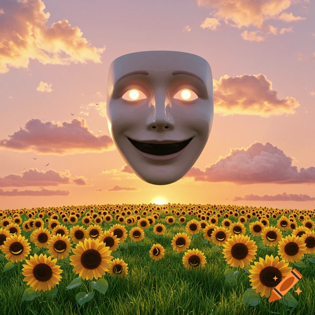 A giant, smiling mask with glowing eyes floats over a field of smiling sunflowers at sunset.