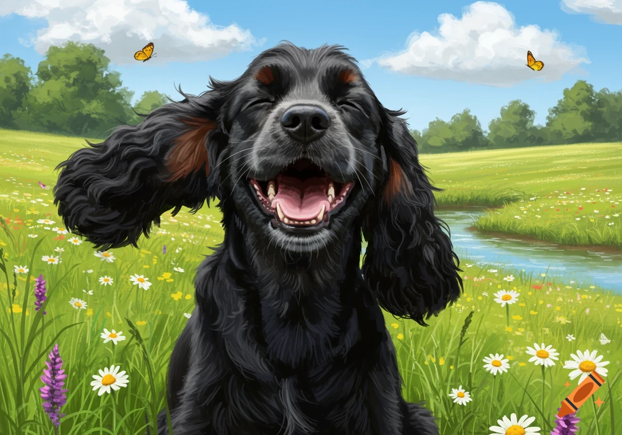 A happy black Cocker Spaniel with closed eyes laughs in a sunny wildflower field with butterflies and a stream.
