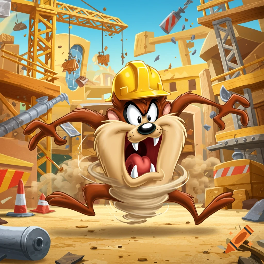 Cartoon Tasmanian Devil in a hard hat spinning in a construction zone, causing chaos.
