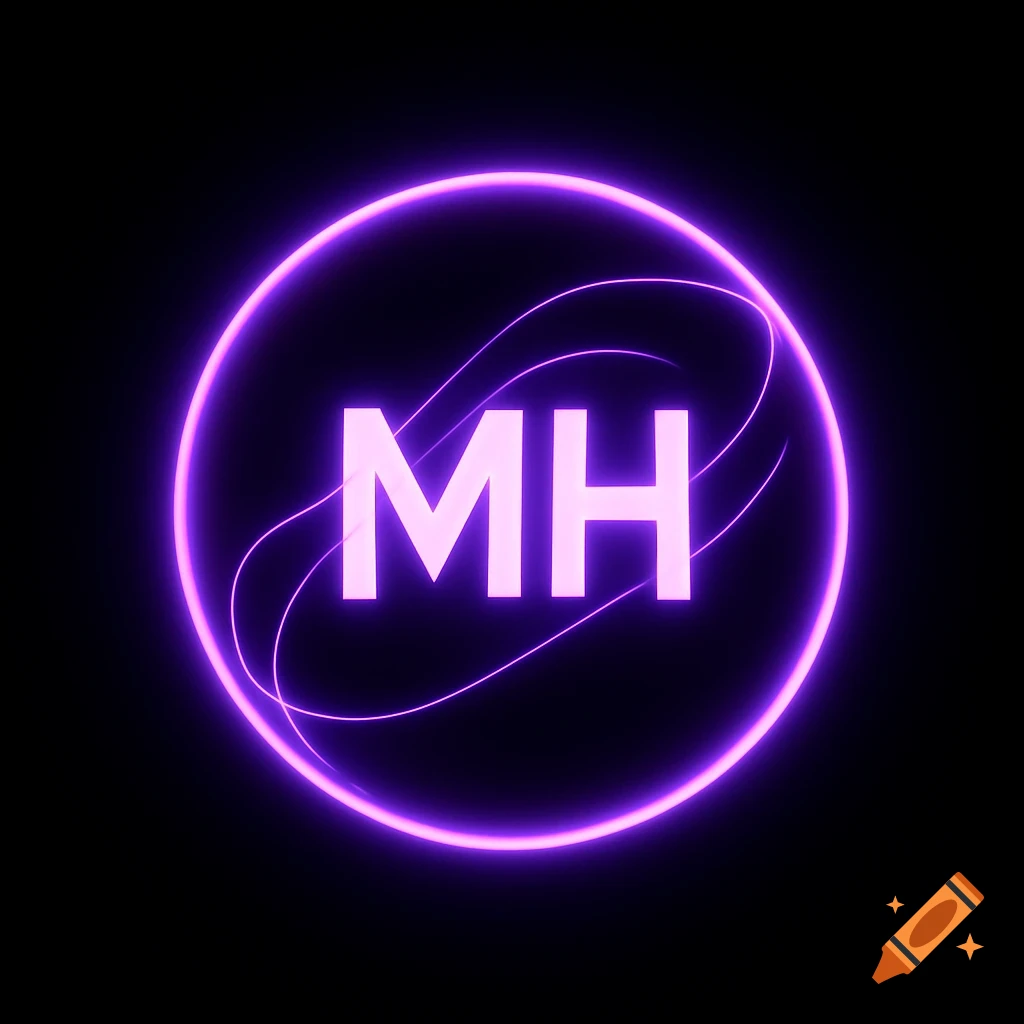 Neon purple letters MH inside a glowing purple ring with abstract lines on a black background.