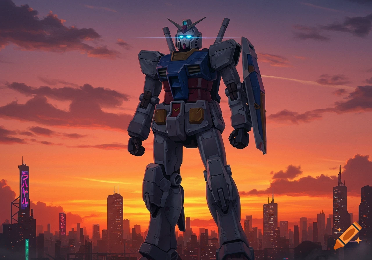 A giant Gundam robot stands over a futuristic city skyline at sunset in an anime style.