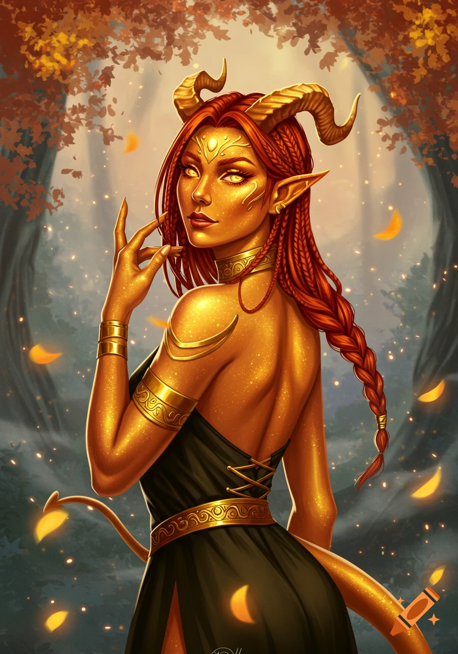 Gold-skinned Tiefling woman with red braided hair, golden horns, and elf ears, posing in a magical autumn forest.