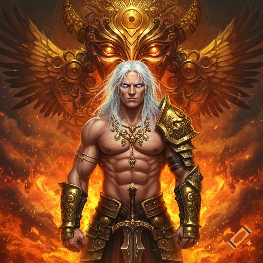 Muscular silver-haired fantasy warrior in golden armor with a sword, standing before a fiery background and a golden demon mask.