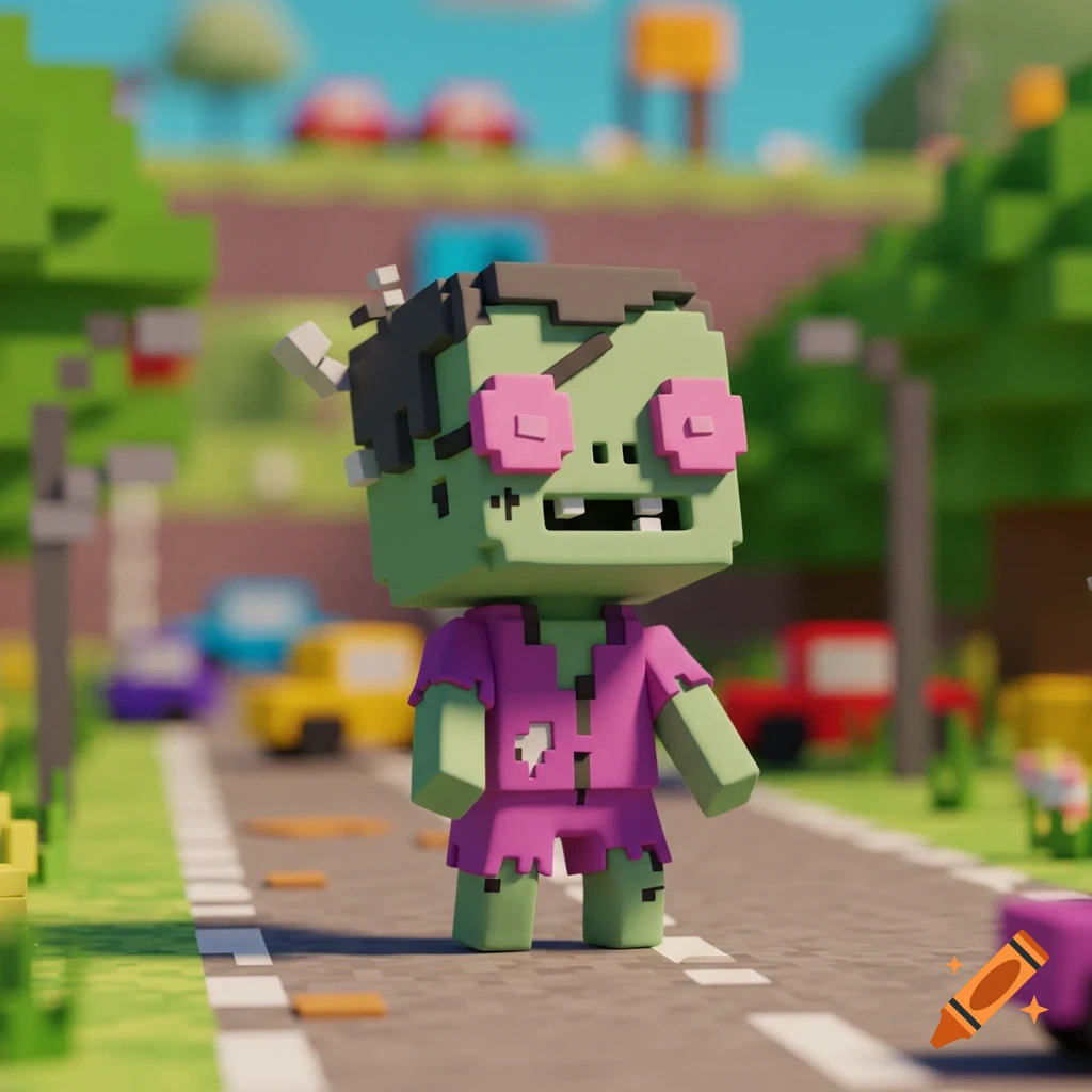 A cute, green voxel art zombie in a torn pink shirt stands on a blocky road with cars and trees in the background.