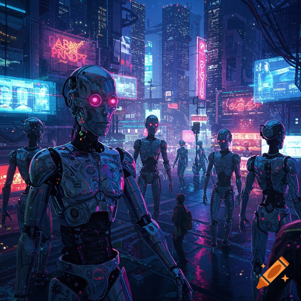 A group of metallic robots with glowing pink eyes stand on a rain-slicked street in a neon-lit cyberpunk city at night.