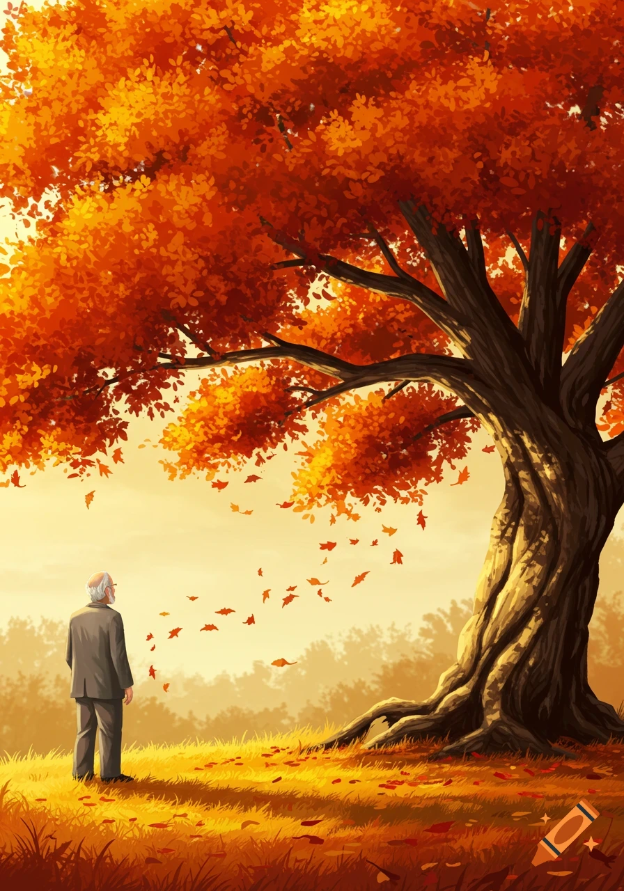 Old man in a grey suit stands gazing at a vibrant orange autumn tree with falling leaves in a stylized, serene landscape.
