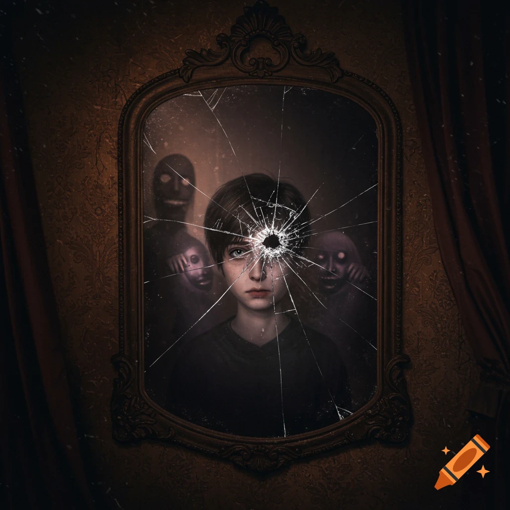 A child in a cracked mirror, surrounded by blurry, creepy shadow figures in a dark, illustrative style.