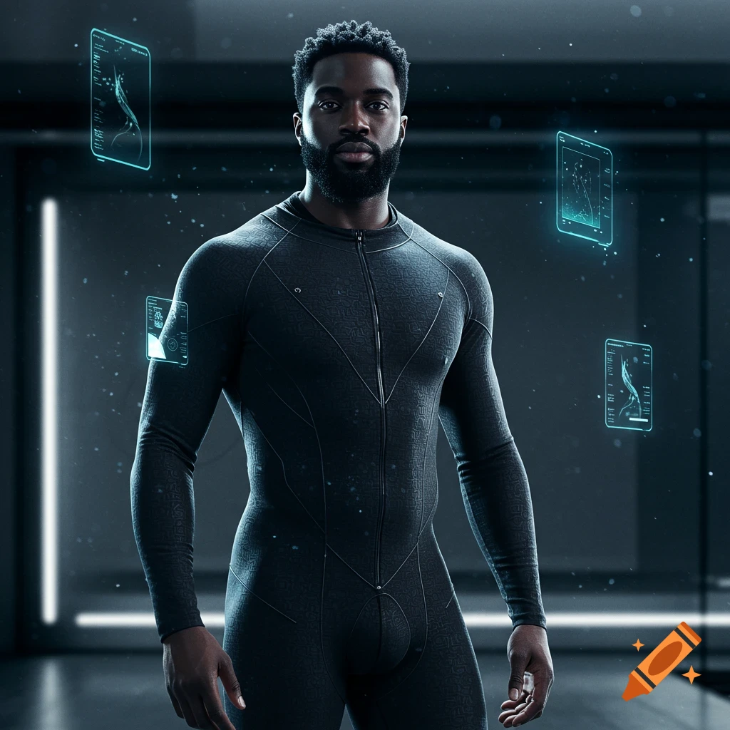 Photorealistic portrait of a Black man in a dark, textured, futuristic full-body suit, with floating holographic screens around him.