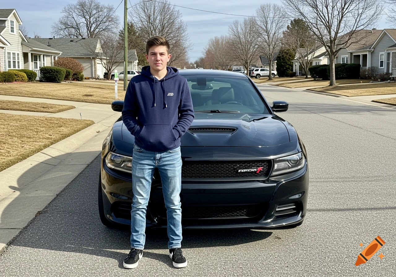 Young man in a navy hoodie and jeans stands in front of a black Dodge Charger on a residential street, photorealistic.