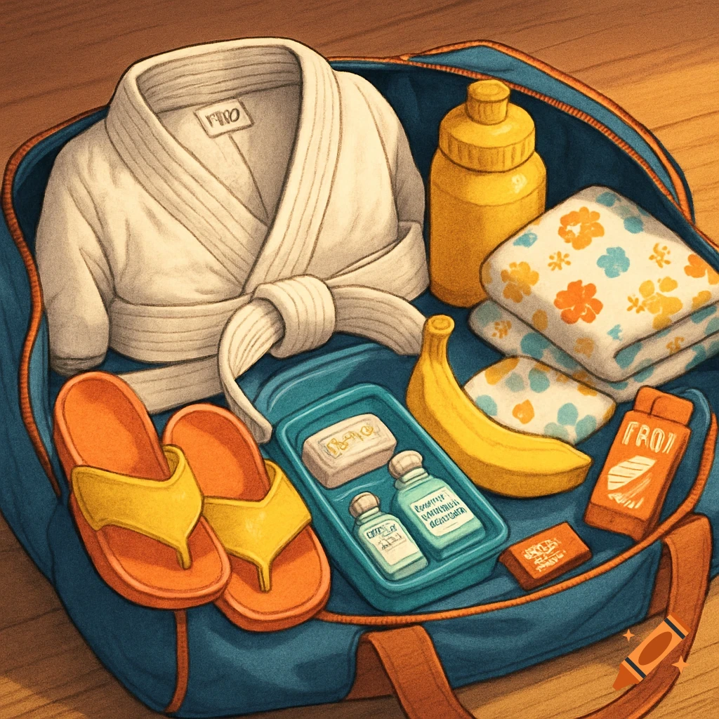 A blue sports bag packed with a white kimono, yellow water bottle, patterned towels, banana, orange flip-flops, and toiletries in an illustrative style.