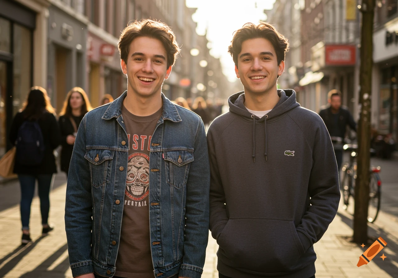 Two smiling young men in casual clothes stand on a sunny city street, with blurred people and buildings in the background.