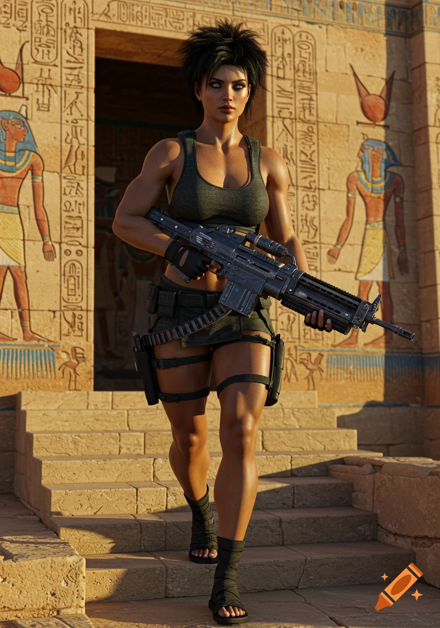 A muscular woman in tactical gear and sandals, holding a futuristic rifle, walks up stone stairs of an ancient Egyptian temple.