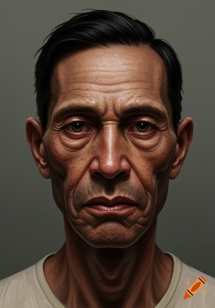 Detailed digital painting of a gaunt Hispanic man's face with deep-set eyes, dark hair, and a neutral expression.