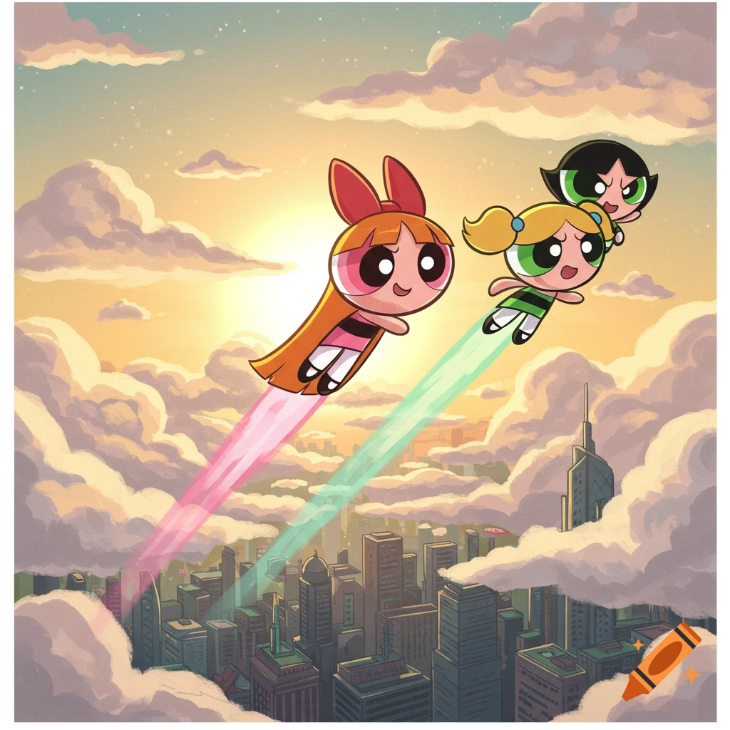 Cartoon Powerpuff Girls flying over a city skyline at sunset, leaving colorful trails.