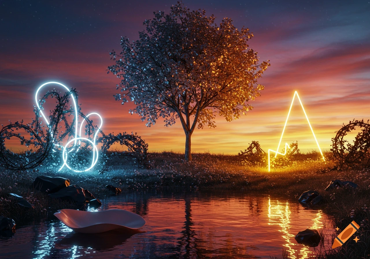Surreal digital art landscape with a split-colored tree, glowing neon shapes, and water reflecting a sunset sky.