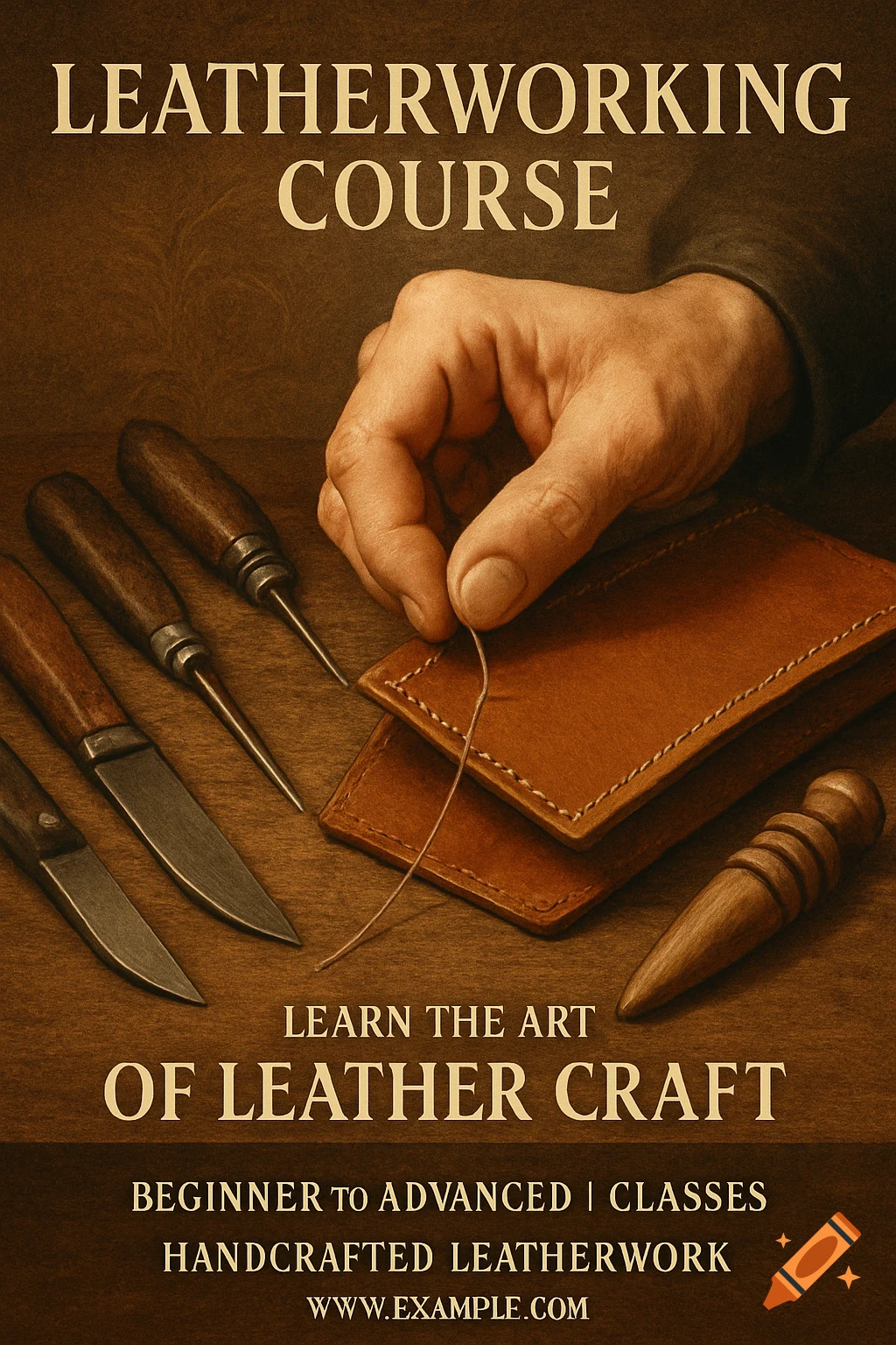A hand stitches brown leather with tools like knives and awls on a wooden surface, with text advertising a "Leatherworking Course".