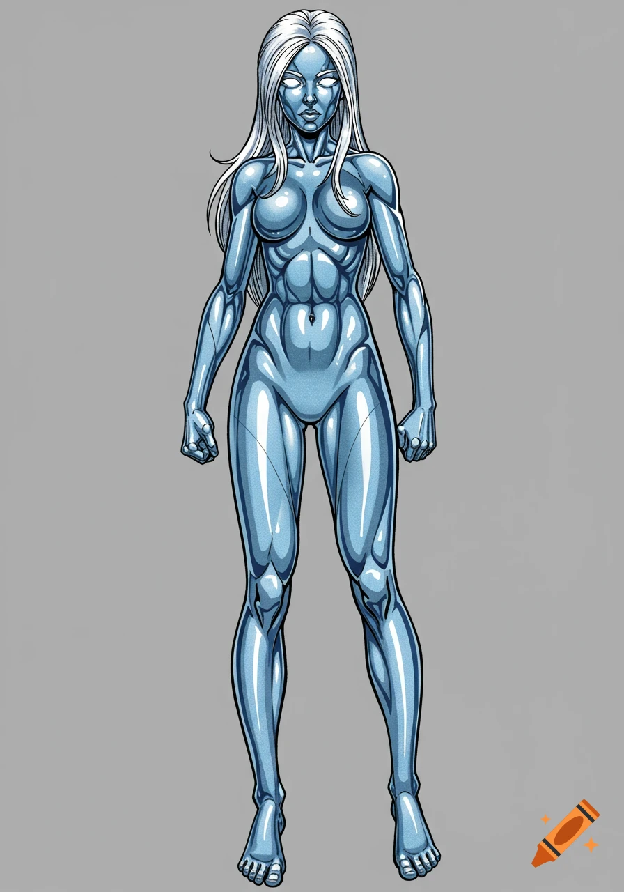 Full body comic illustration of a female superhero with a shiny, metallic steel body, long white hair, and glowing white eyes, standing in a confident pose.