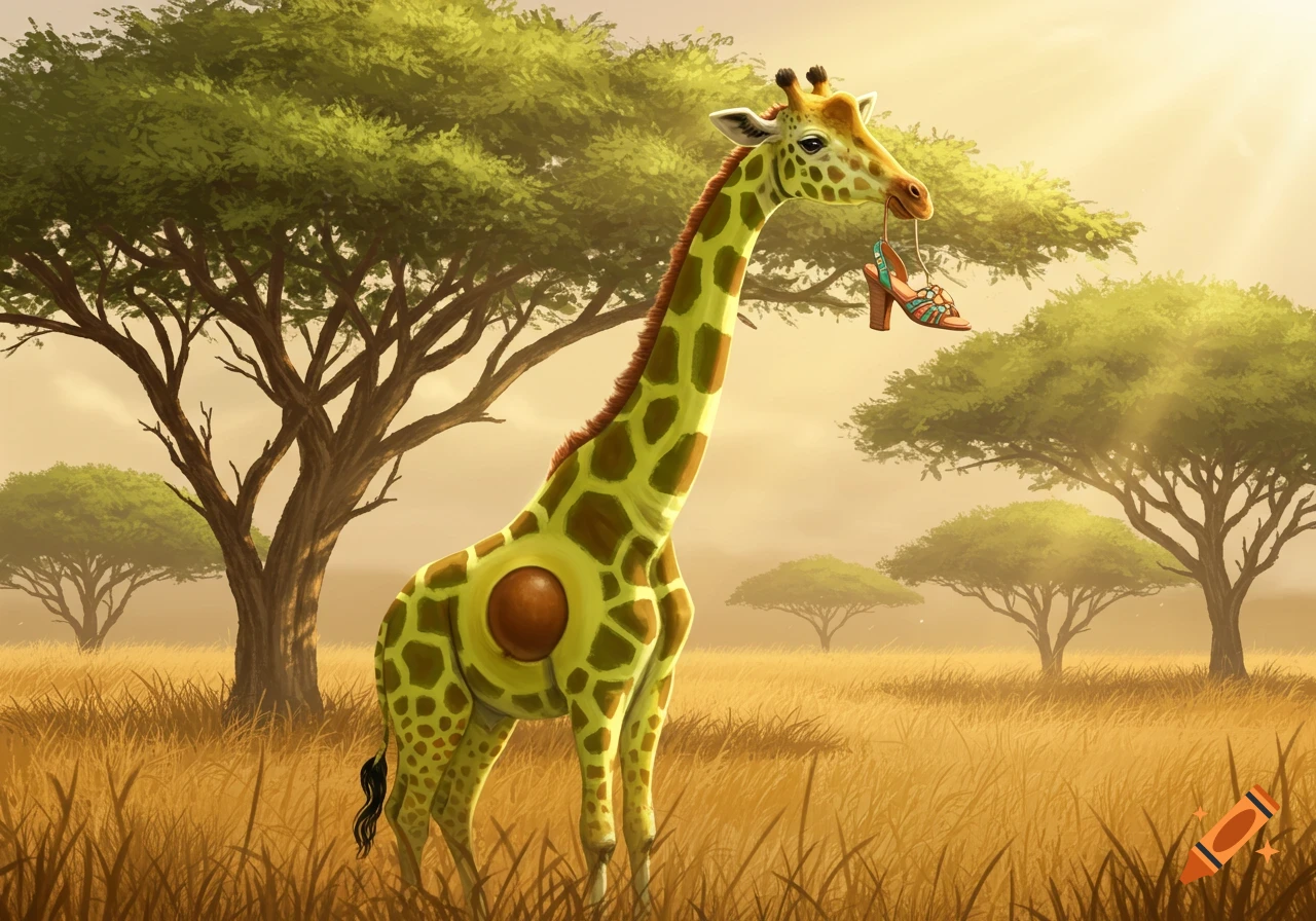 A cartoon-style avocado giraffe stands in a sunny savanna, holding a colorful sandal in its mouth.