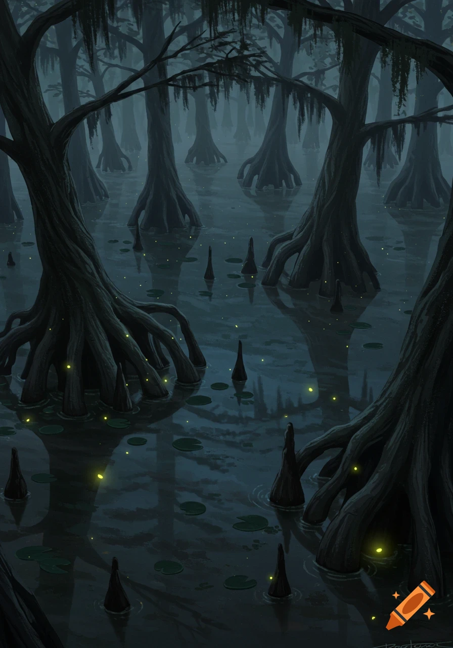Dark, mystical swamp with twisted cypress trees, their roots submerged in shallow water, illuminated by glowing fireflies.
