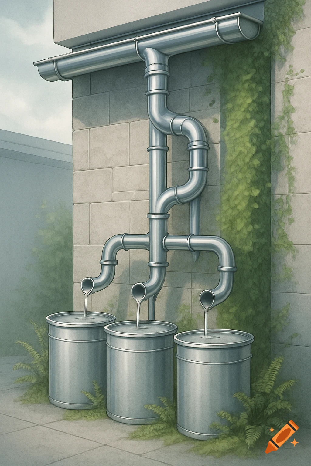 A rainwater harvesting system with gray pipes on a stone wall, directing water into three metal barrels with green plants.