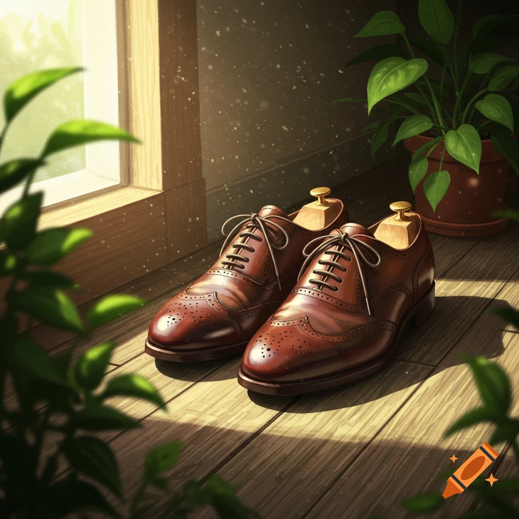 Pair of polished brown leather brogue shoes with shoe trees on a sunlit wooden floor by a window, a potted plant in the background. Photorealistic.