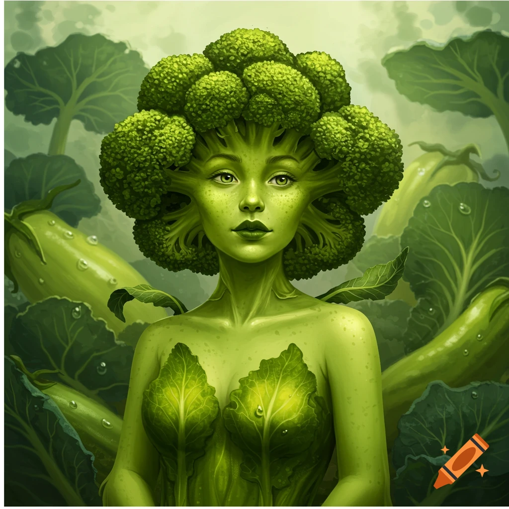 Digital painting of a woman with broccoli hair and body made of leaves, in a green, watery environment.