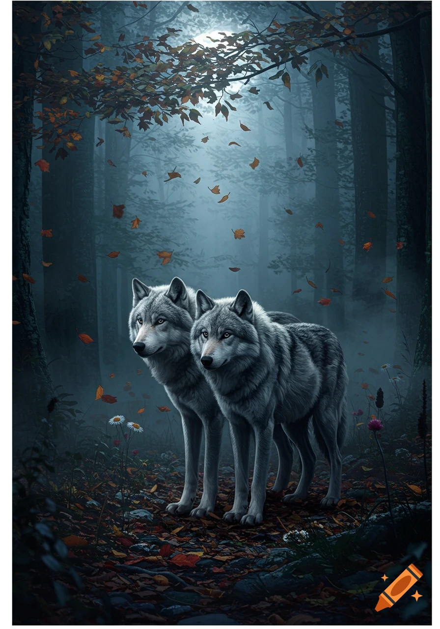 Two grey wolves stand side-by-side in a misty, moonlit forest with autumn leaves falling.