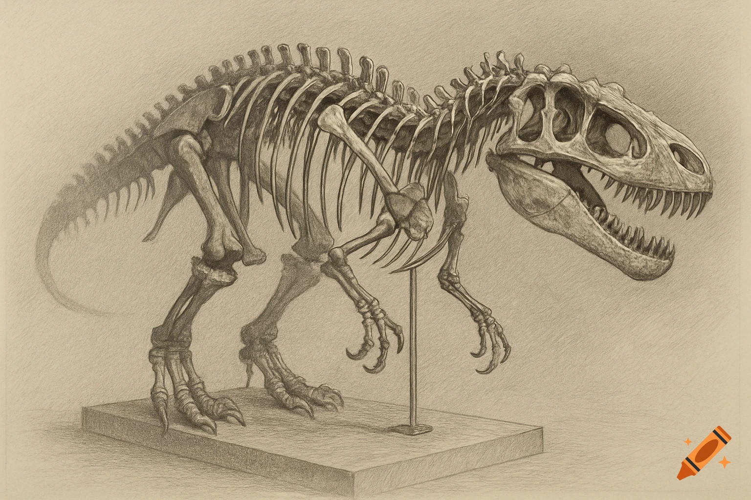 A detailed pencil drawing of a dinosaur skeleton on a display base, in a scientific illustration style.