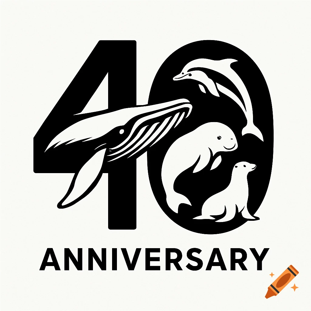 Black and white 40th anniversary logo with marine animals (whale, dolphin, dugong, fur seal) integrated into the numbers.