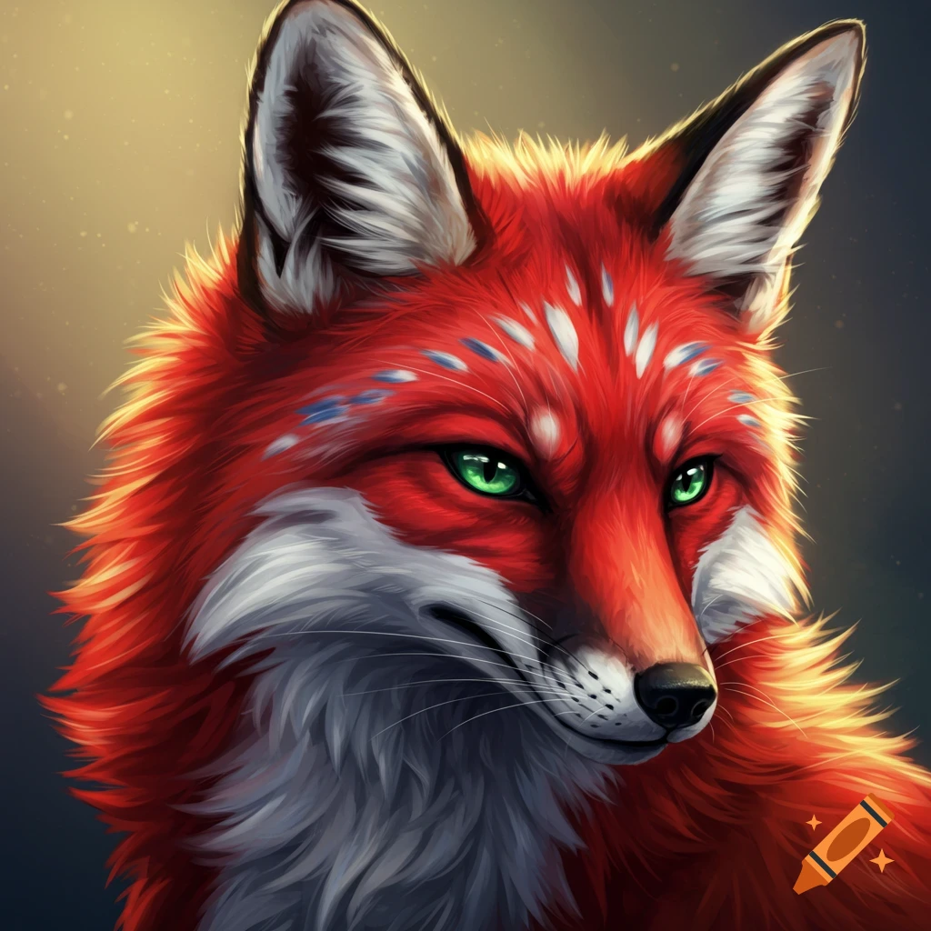 A stylized portrait of a vibrant red fox with white and blue markings, striking green eyes, depicted in a digital art style.