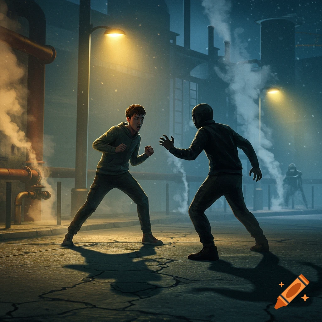 Two men in a dramatic confrontation in a dark, snowy industrial alley at night, lit by streetlights. One man appears scared, the other masked and aggressive.
