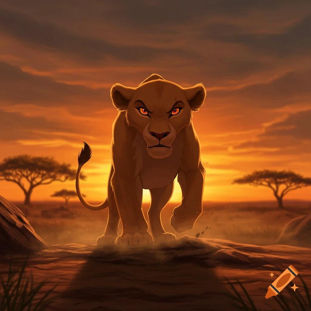 A stylized lioness with glowing red eyes walks forward on a savanna at sunset.
