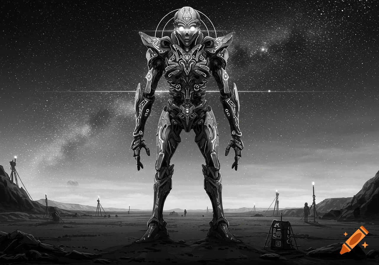 A tall, intricate black and white alien robot resembling a totem stands on a desolate, rocky planet under a vast, starry night sky.