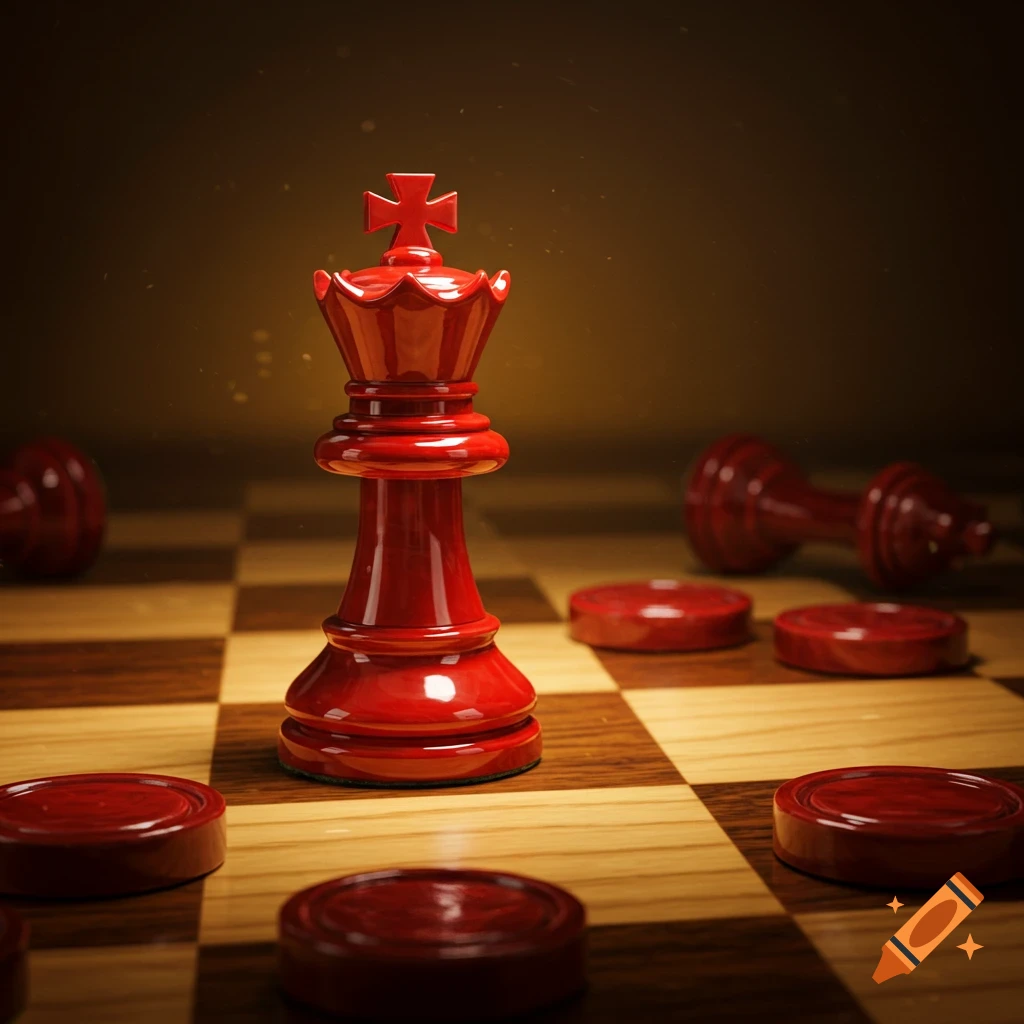 A close-up of a vibrant red chess queen standing on a wooden chessboard, surrounded by scattered red checkers pieces and blurred fallen chess pieces in the background.